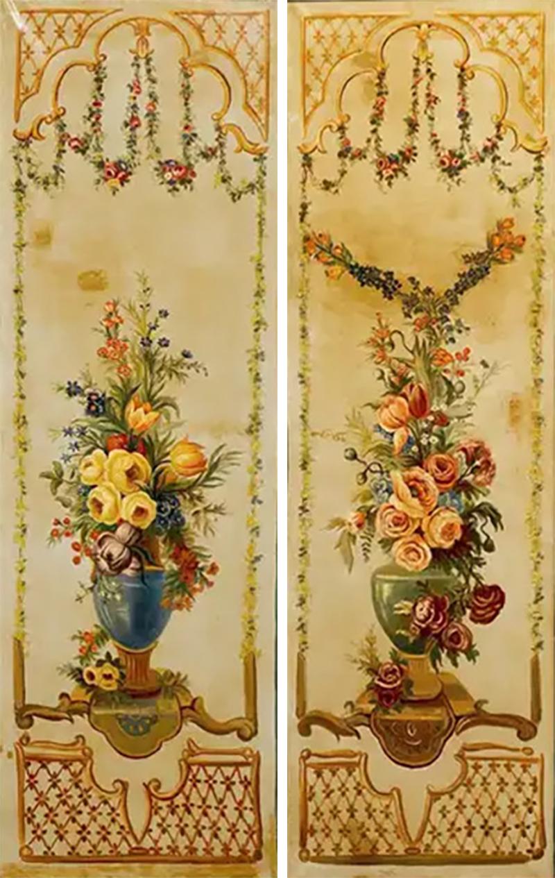 French Napoleon III Period Painted Decorative Panels with Bouquets circa 1860