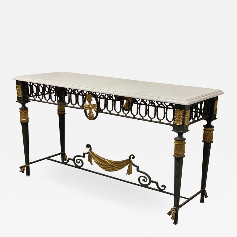 French Neo classical gold leaf metal patinated console with a marble top