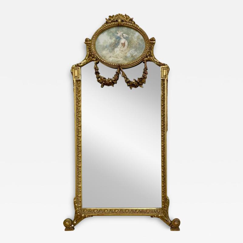 French Neoclassical Style Giltwood Wall Console Mirror with Oval Artwork