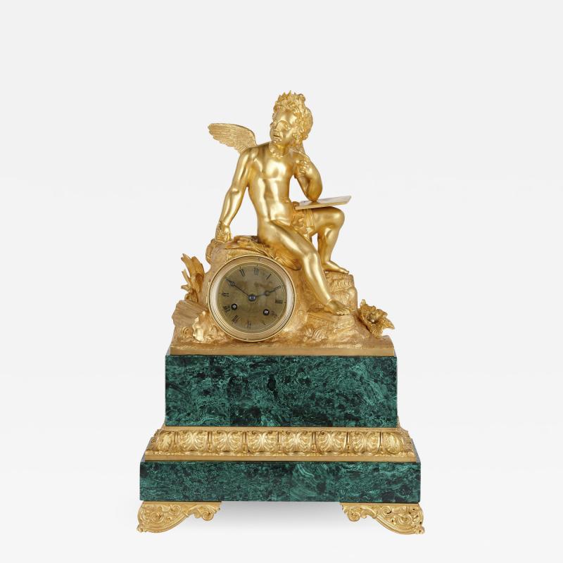 French Neoclassical malachite and gilt bronze mantel clock