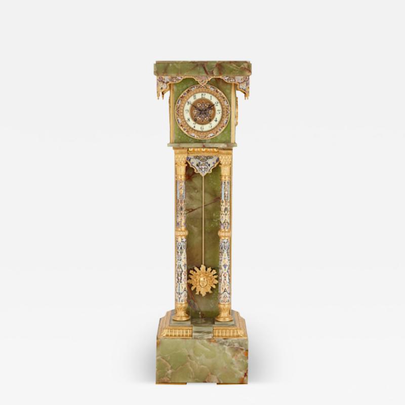French Neoclassical style enamel onyx and gilt bronze pedestal clock