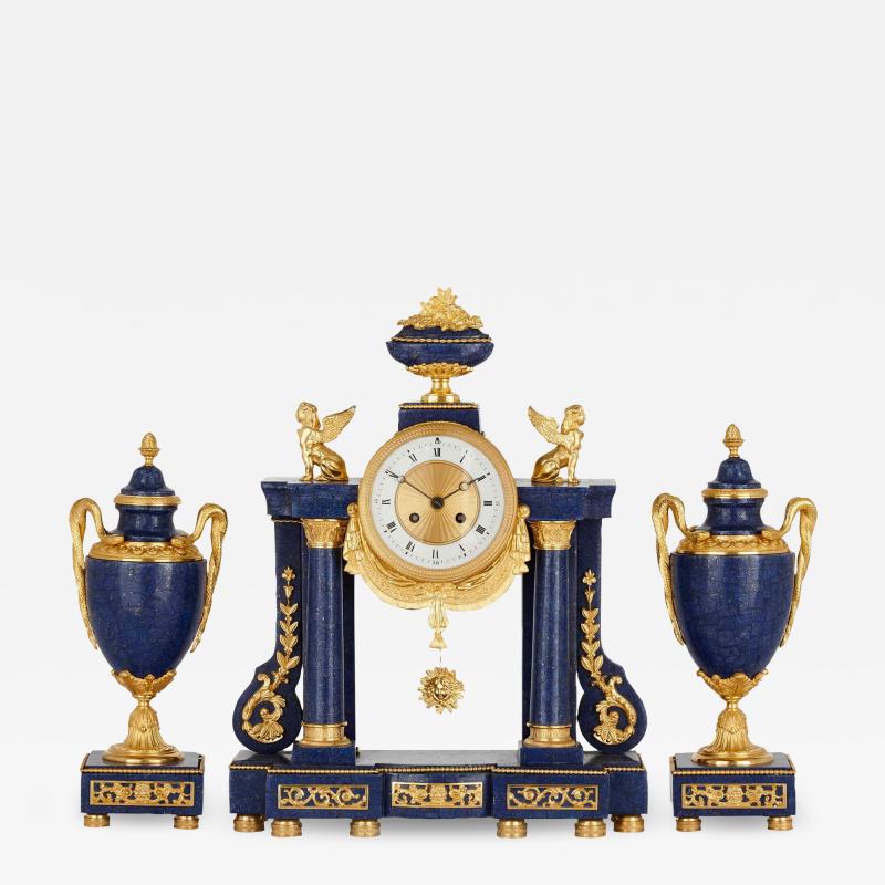 French Neoclassical style lapis and gilt bronze clock set