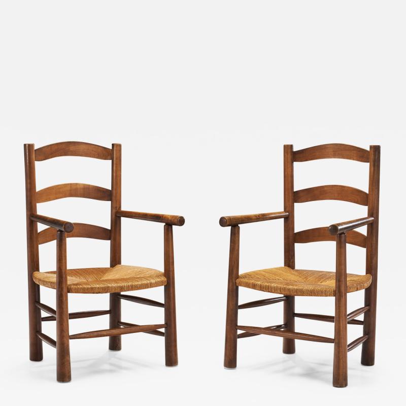 French Oak Armchairs with Woven Rush Seat France 1950s