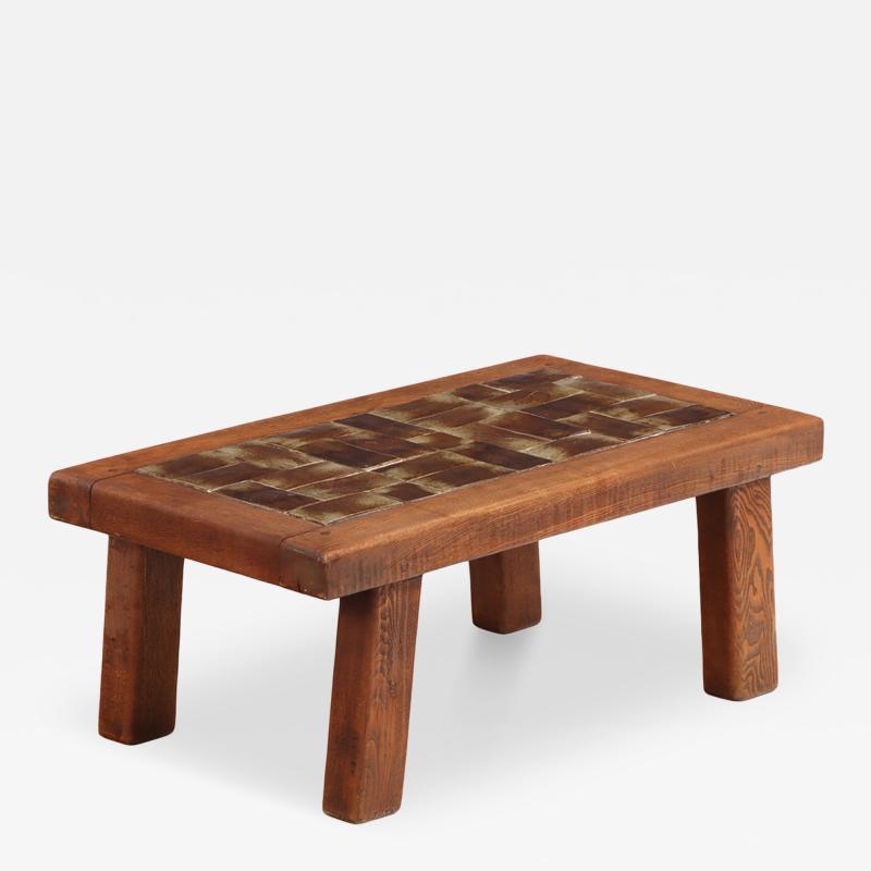 French Oak Brutalist Tile Top Coffee Table C 1965 