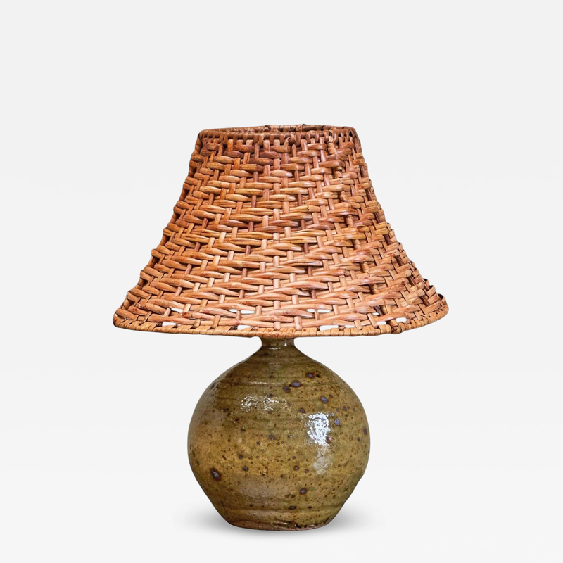 French Olive Green Glazed Studio Pottery Table Lamp with Rattan Shade 1960s