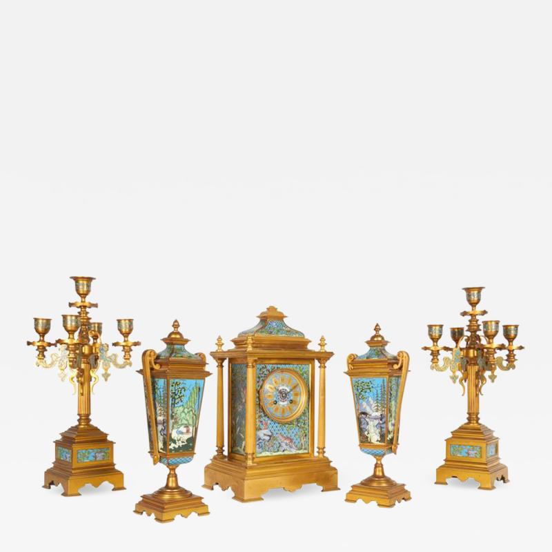 French Ormolu Bronze Cloisonne Champleve Enamel Five Piece Clock Garniture Set