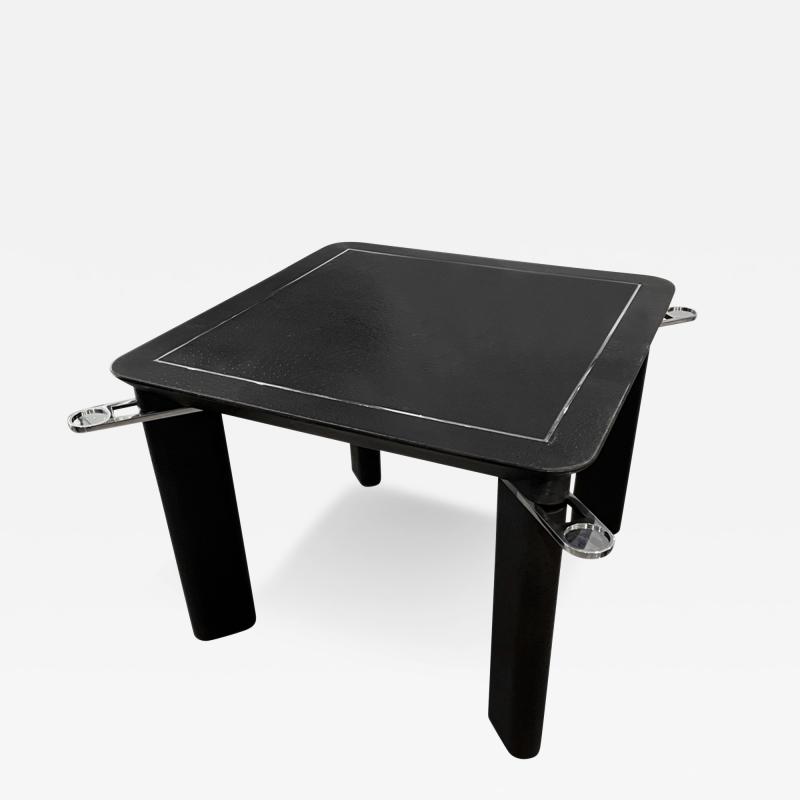 French Ostrich Leather Card Table With Chrome Trim and Drinks Holders