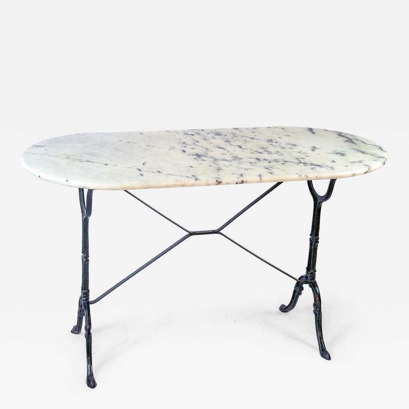 French Oval Bistro Table with Cast Iron Base and Marble Top c 1940