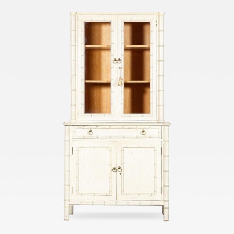 French Painted Faux Bamboo Beech Glazed Breakfront Bookcase Vitrine