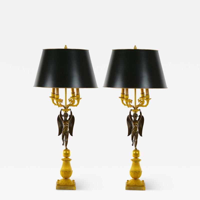 French Pair Empire Dore Bronze Winged Putti Candelabras