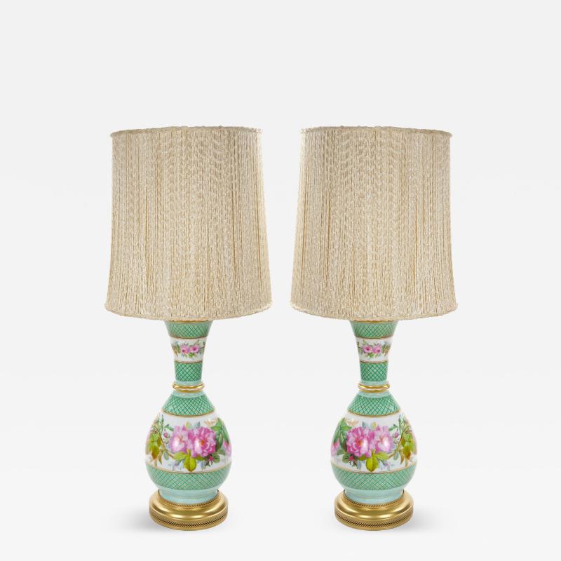 French Pair Neoclassical Floral Paris Porcelain Urns Mounted Lamps Circa 1800
