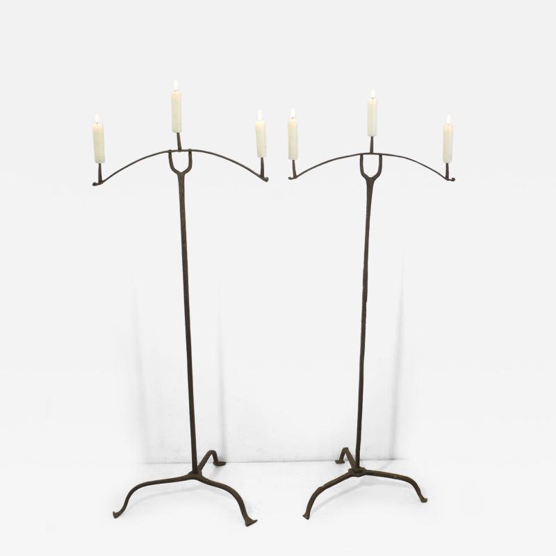 French Pair of 17th Century Hand Forged Iron Candleholders
