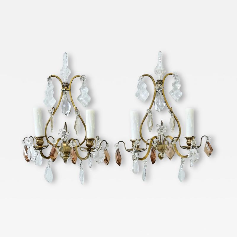 French Pair of 19th Century Brass Crystal Sconces