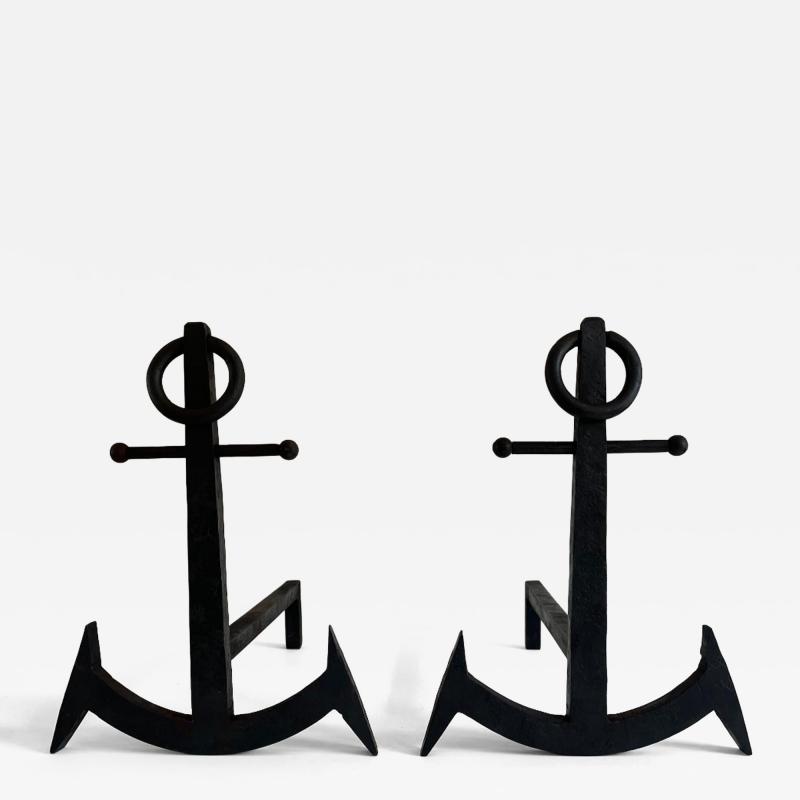 French Pair of Anchor Metal Fire Place Andirons circa 1950