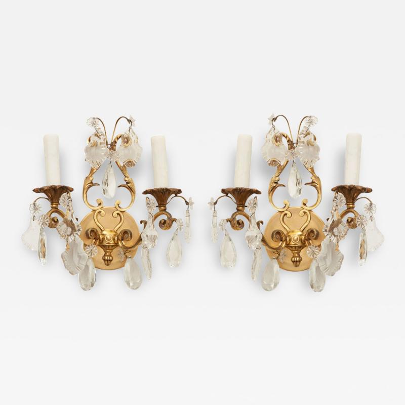 French Pair of Brass Crystal Sconces