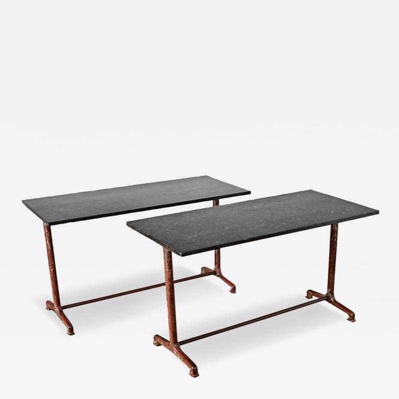 French Pair of Fossil Marble Iron Trestle Base Bistro Tables