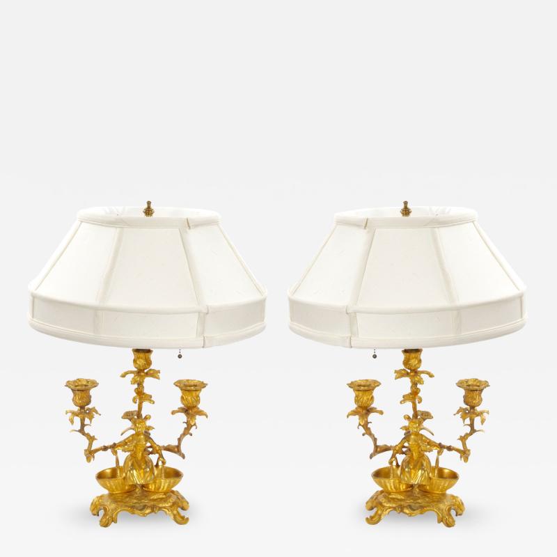 French Pair of Gilt Bronze Louis XVI Style Three Light Candelabra Table Lamps