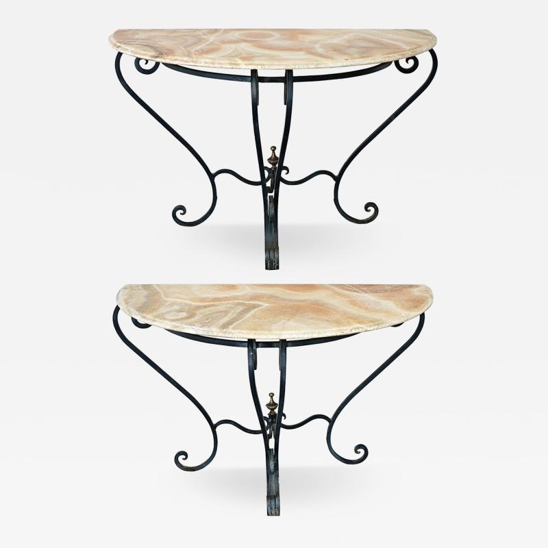 French Pair of Onyx Iron Demilune Consoles