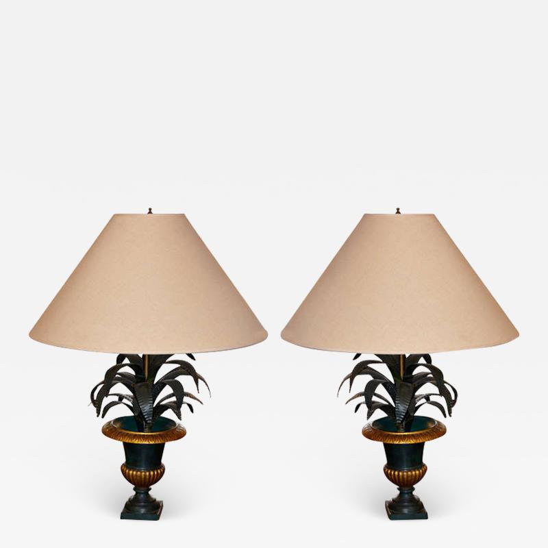 French Pair of Tole Palm Frond in Urn Table Lamps