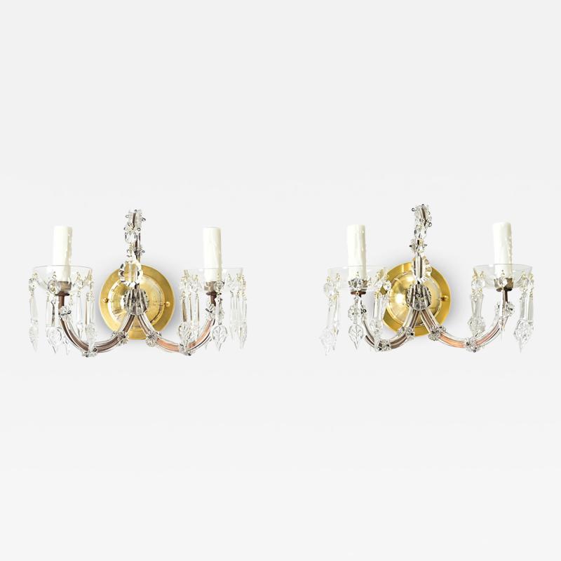French Pair of Vintage Brass and Crystal Wall Sconces