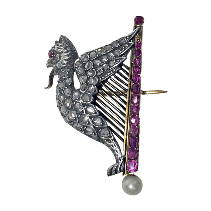 French Pearl Ruby Diamond Gold Griffin and Harp Brooch