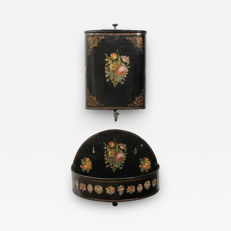 French Period Napoleon III Black Painted T le Lavabo with Floral D cor 1870s