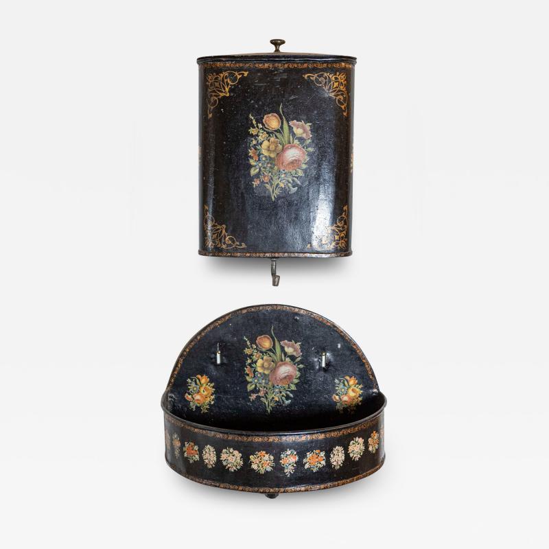 French Period Napoleon III Black Painted T le Lavabo with Floral D cor 1870s