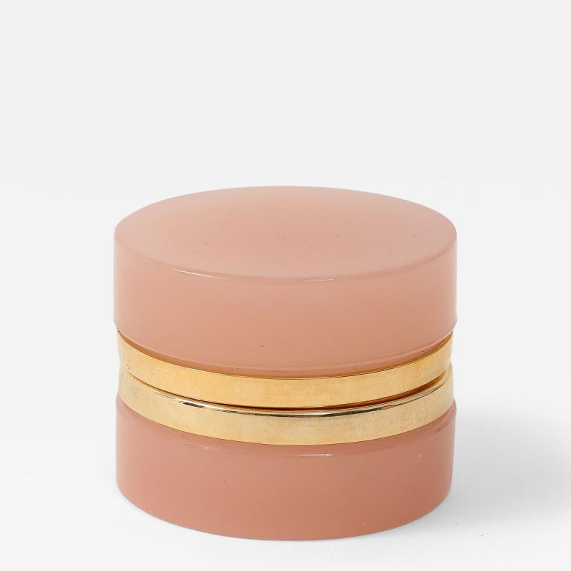 French Pink Mini Round Opaline Box with Polished Brass Mount Early 20th C 