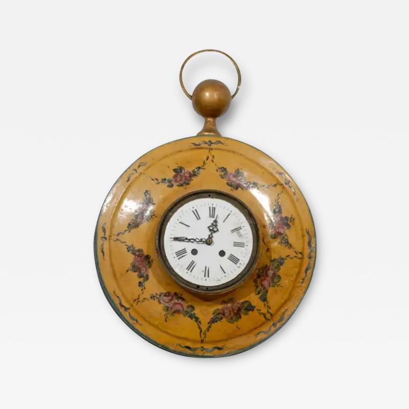 French Pocket Watch Shaped Wall Hanging T le Clock with Floral D cor circa 1800