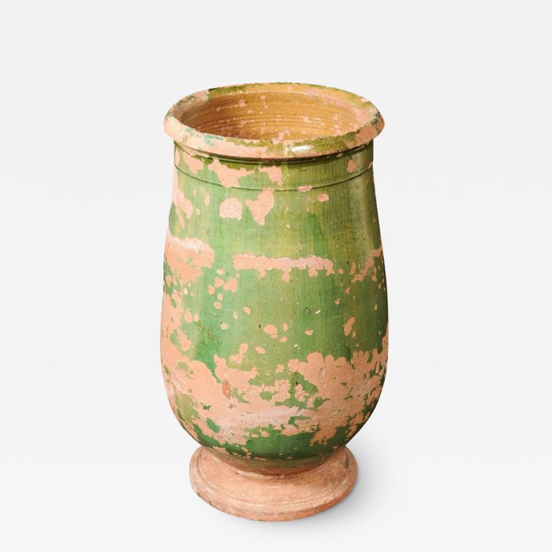 French Provincial 1880s Green Glazed Oblong Terracotta Jar with Weathered Patina