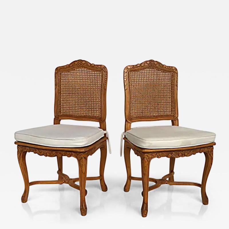 French Provincial Caned Carved Dining Chairs with Seat Cushions Set of Eight
