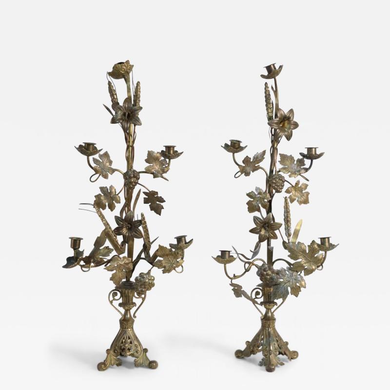 French Provincial Grape Leaf and Wheat Sheaf Harvest Motif Bronze Candelabras