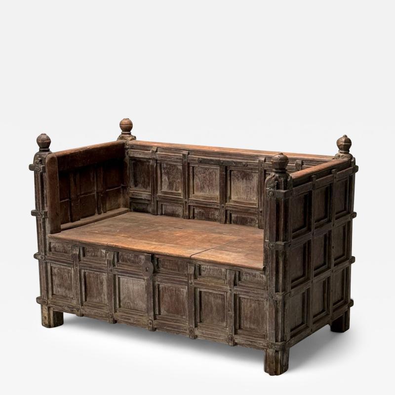 French Provincial Hall Bench Storage Chest Oak Iron France Early 19th C 