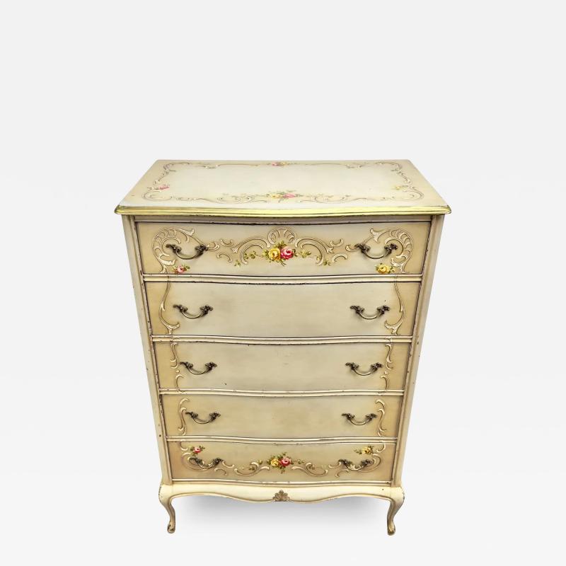 French Provincial Style Highboy Chest of Drawers or Dresser with Floral Design