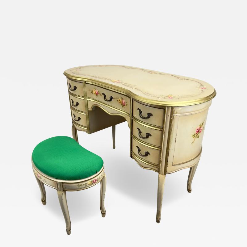 French Provincial Style Kidney Shaped Lady Writing or Vanity Desk with Ottoman