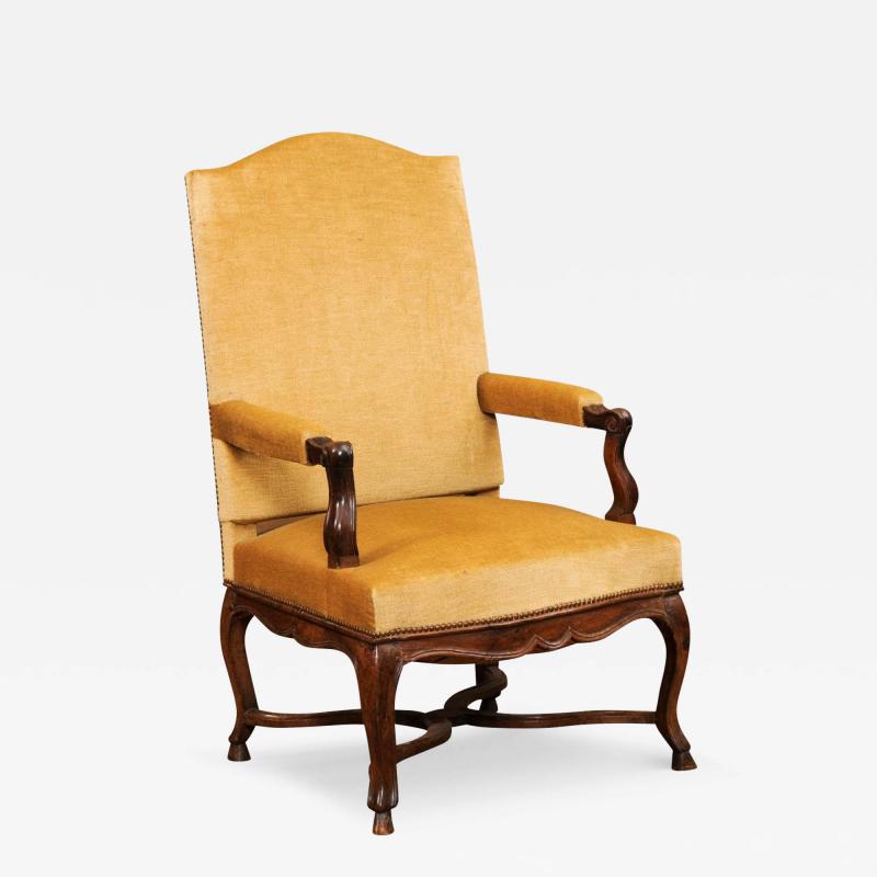 French R gence Style 1790s Walnut Fauteuil with Carved X Form Cross Stretcher