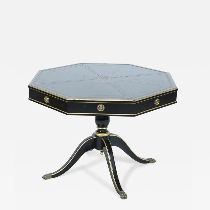 French Regence Style Hexagonal Black and Gilt Leather Top Pedestal Center Table