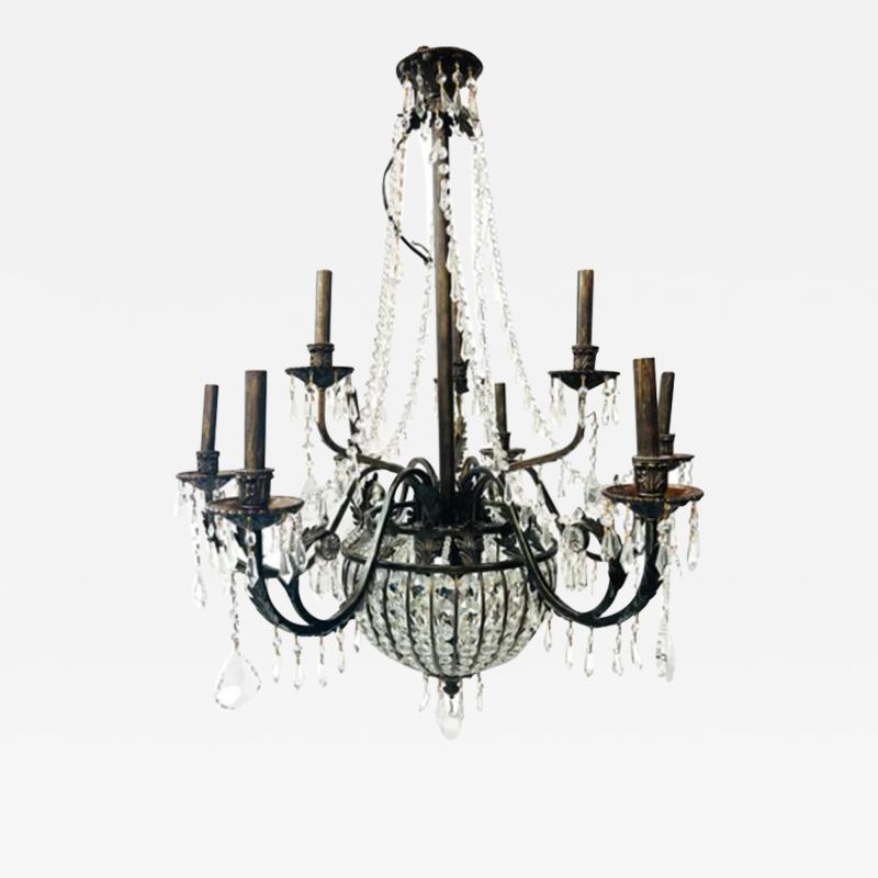 French Regency Empire Style Basket Bronze Crystal Chandelier 9 Arms 12 Lights