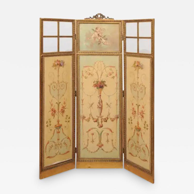 French Renaissance Revival Folding Three Panel Screen with Hand Painted Motifs