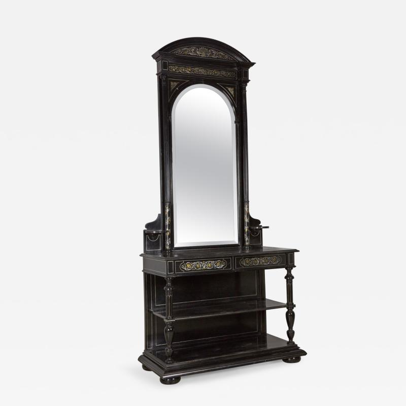 French Renaissance Style Mirrored Ebonized Metal inlaid Hall Table