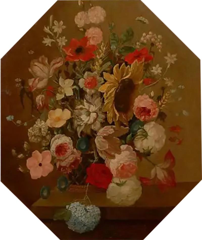 French Restauration Period 1820s Framed Octagonal Painting Depicting a Bouquet
