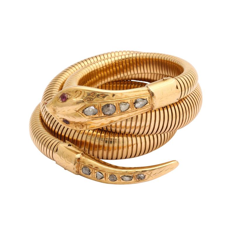 French Retro Gold Snake Serpent Wrap Bracelet with Rose Diamond Head and Tail