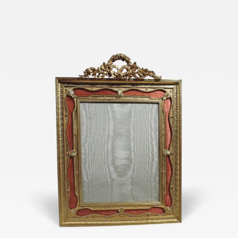 French Rococo Gilt Bronze Picture Frame with Enamel Ribbon Border