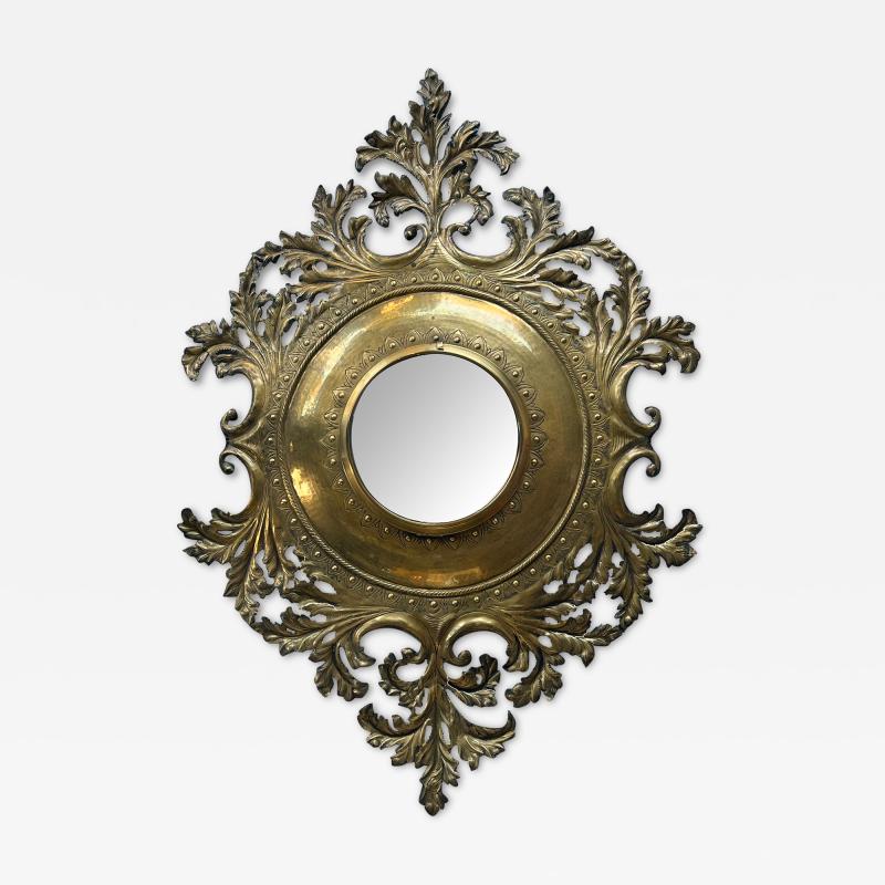 French Rococo Revival Cut Brass Repouss Foliate Convex Mirror
