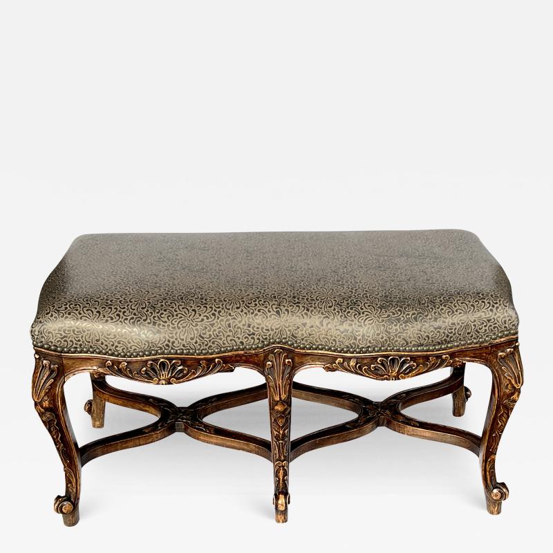 French Rococo Style Carved Two seat Bench with Embossed Leather Upholstery