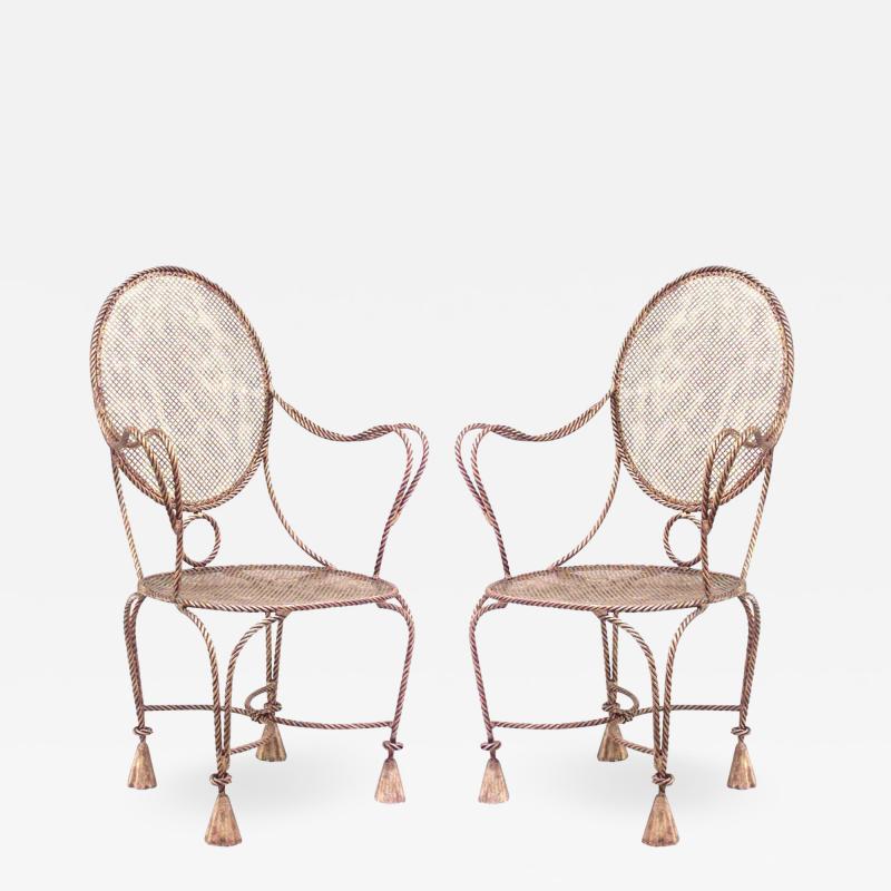 French Rope Tassel Gilt Arm Chairs