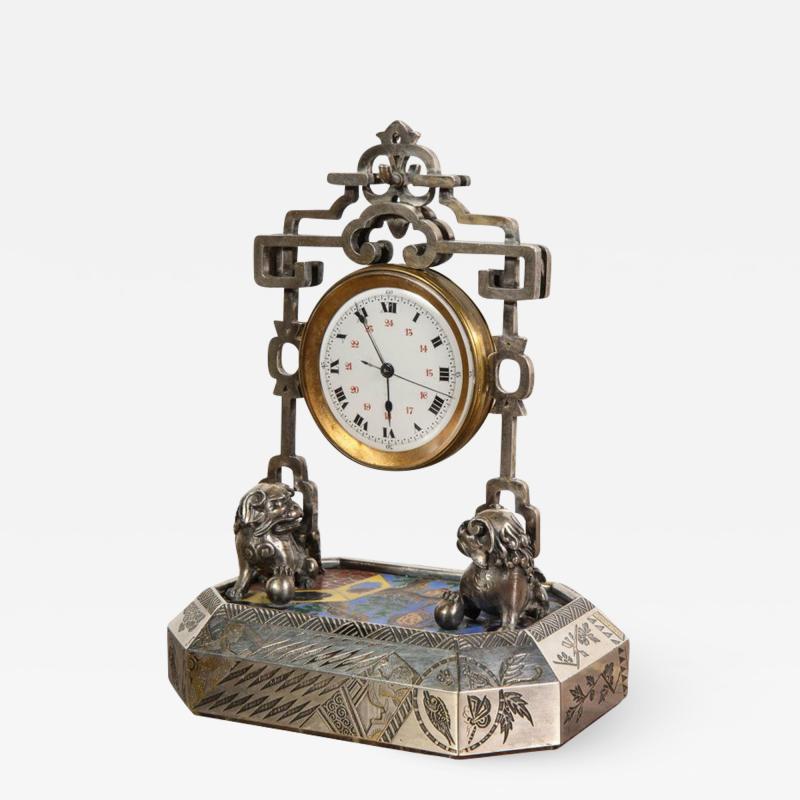 French Silver Gilt and Enamel Chinoiserie Desk Clock Attributed to Boucheron