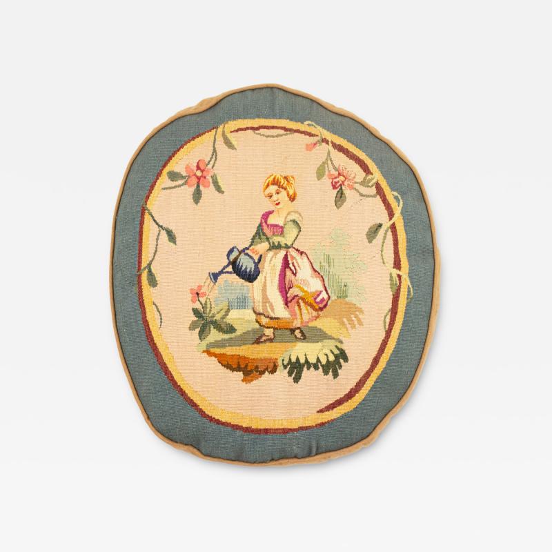French Victorian Aubusson Pillow with Blue Border