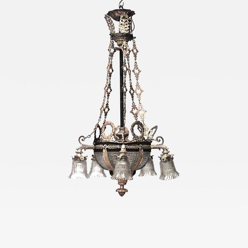 French Victorian Bronze Dore and Crystal Bowl Chandelier