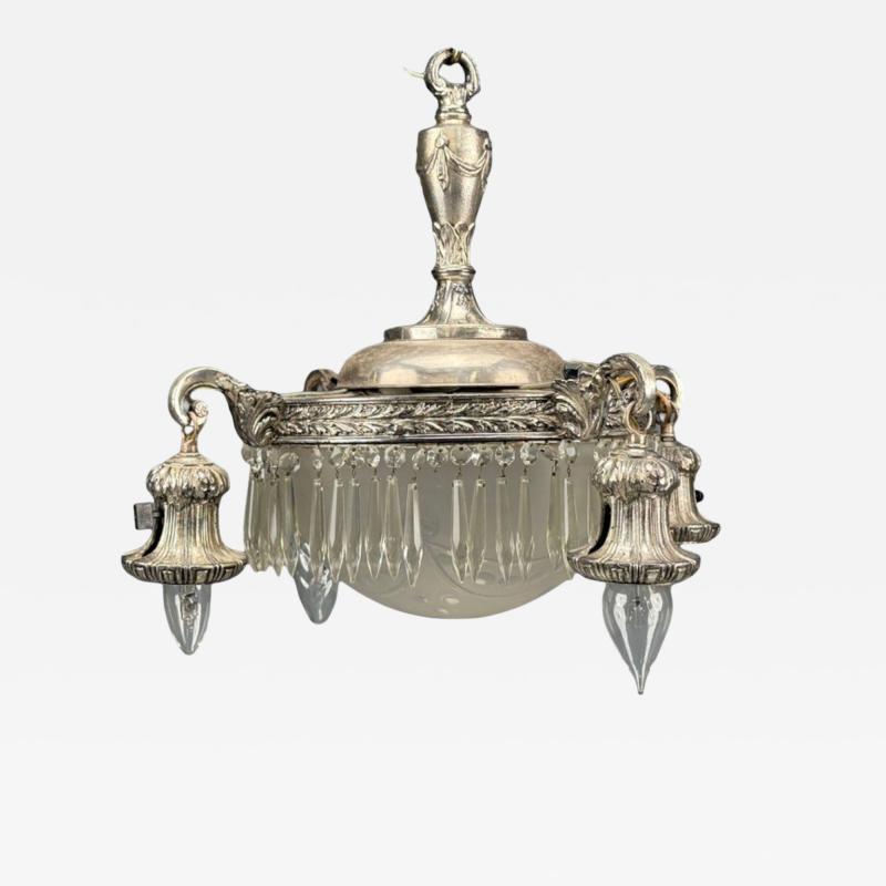 French Victorian Chandelier Etched Glass Silver Plated 19th Century